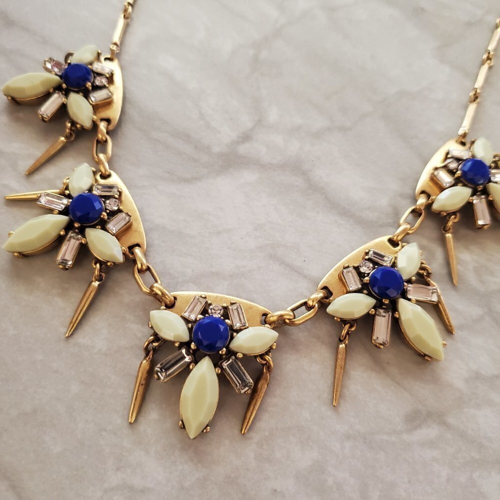 💙 J.Crew Blue Rhinesontes Crystals Beaded Fringe Statement Necklace 💙 - Picture 6 of 15